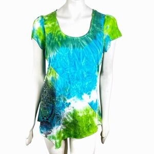 One World Live and Let Live Top Blouse PL‎ Scoop Neck Tye Dye Beaded Mermaid Y2K